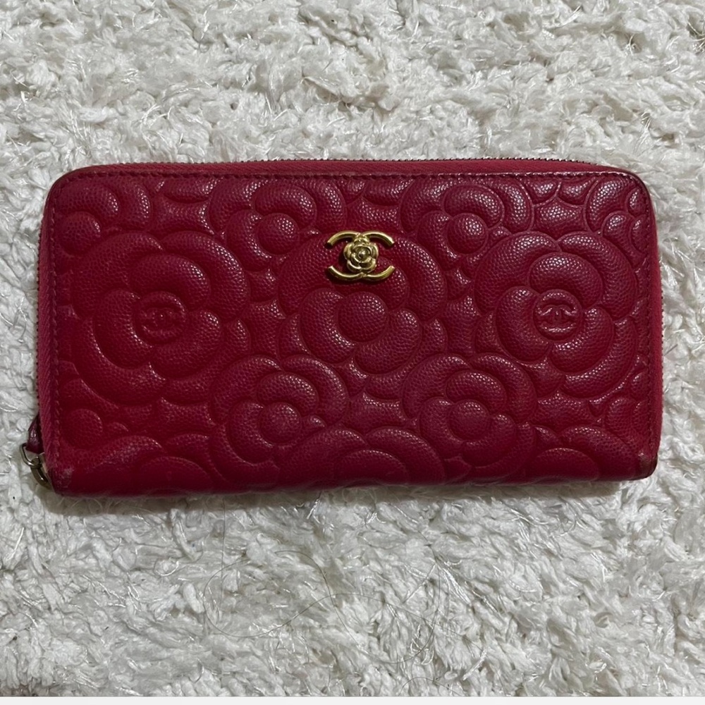 Chanel Camellia Fuchsia Red Long Zippy Wallet